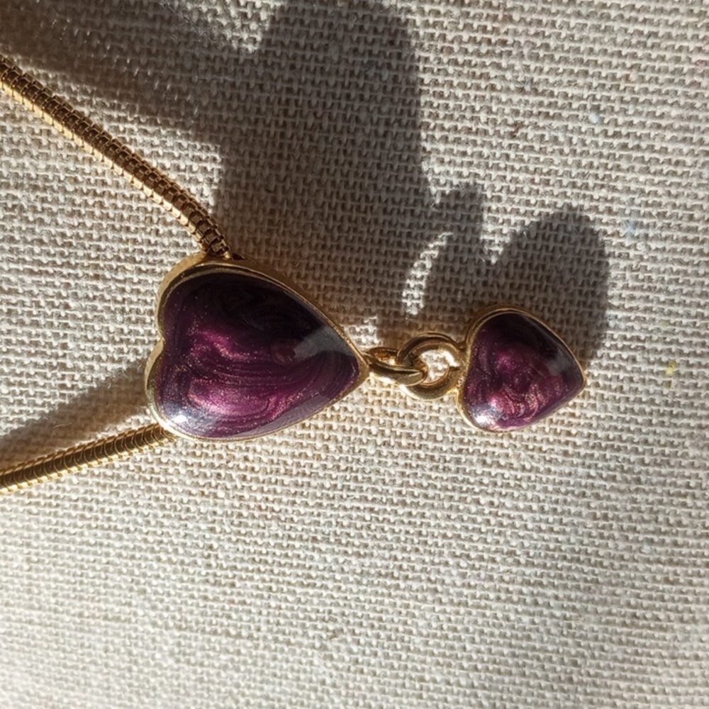 Vintage Purple enamel double heart slid  24inch necklace